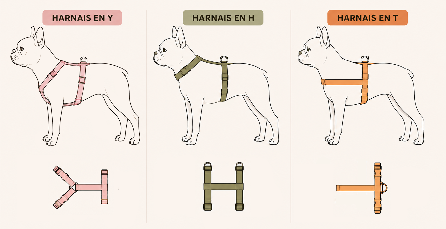 Image comparatif d'un chien avec un harnais en Y un harnais en H et un harnais en T