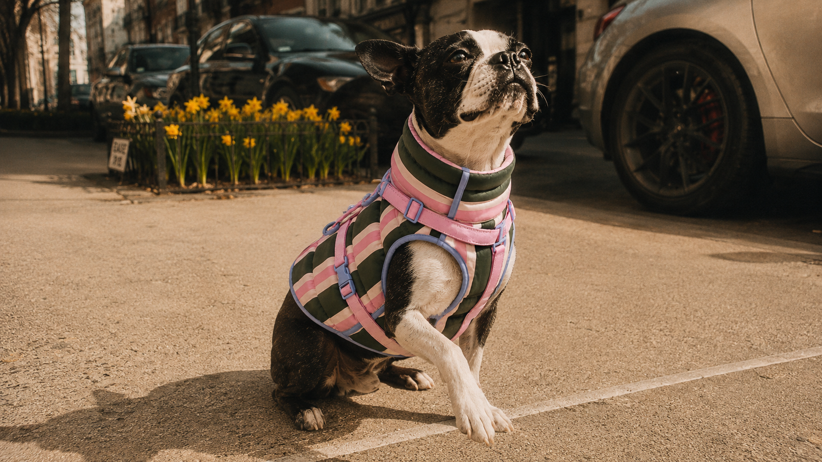 boston terrier portant la doudoune ouaffers rose et kaki rayé avec harnais en y intégré