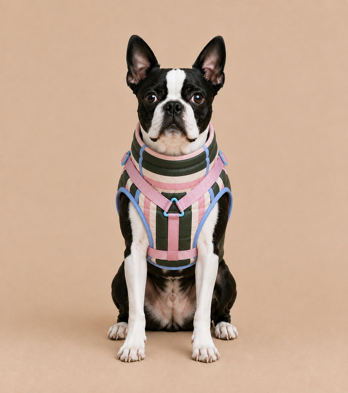 Doudoune ouaffers pour chien imperméable rayé rose et kaki avec harnais intégré sur boston terrier - vu de face